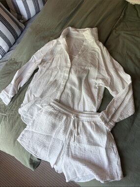 Women's White Cotton Gauze Lounge Set — Button Shirt & Drawstring Shorts